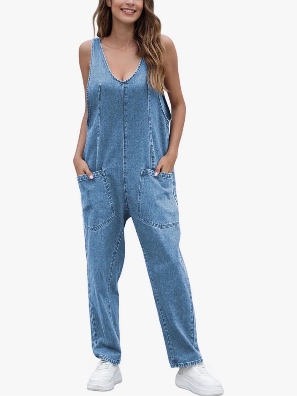 Light Blue Denim Relaxed Scoop-Neck Jumpsuit with Pockets